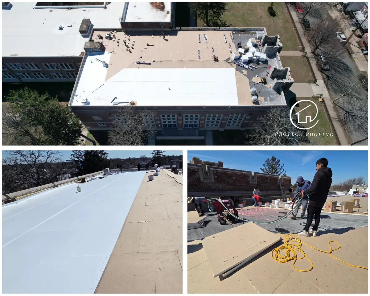 Drone photo of a large brick building with TPO membrane going down over cover board, plus two close-ups of the crew installing the roof