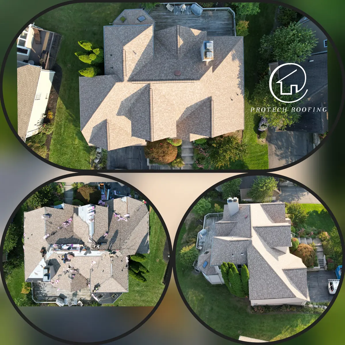 Three aerial photos of a home with many hips and valleys: shingles being installed, and the finished brown-blend shingle roof from two angles