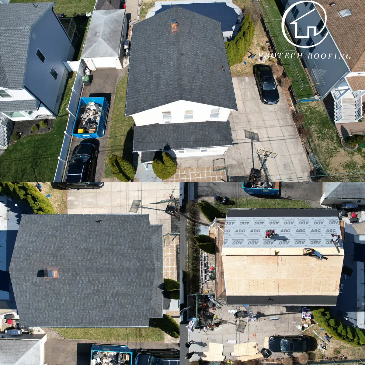 Three aerial photos of a two-story home: new plywood decking and underlayment being installed, and the finished charcoal shingle roof from two angles