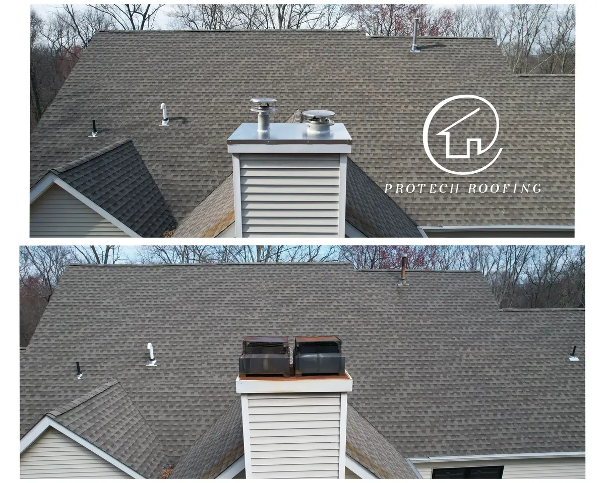 Before and after photos of a sided chimney chase: a rusted chase cover, then a new metal chase cover