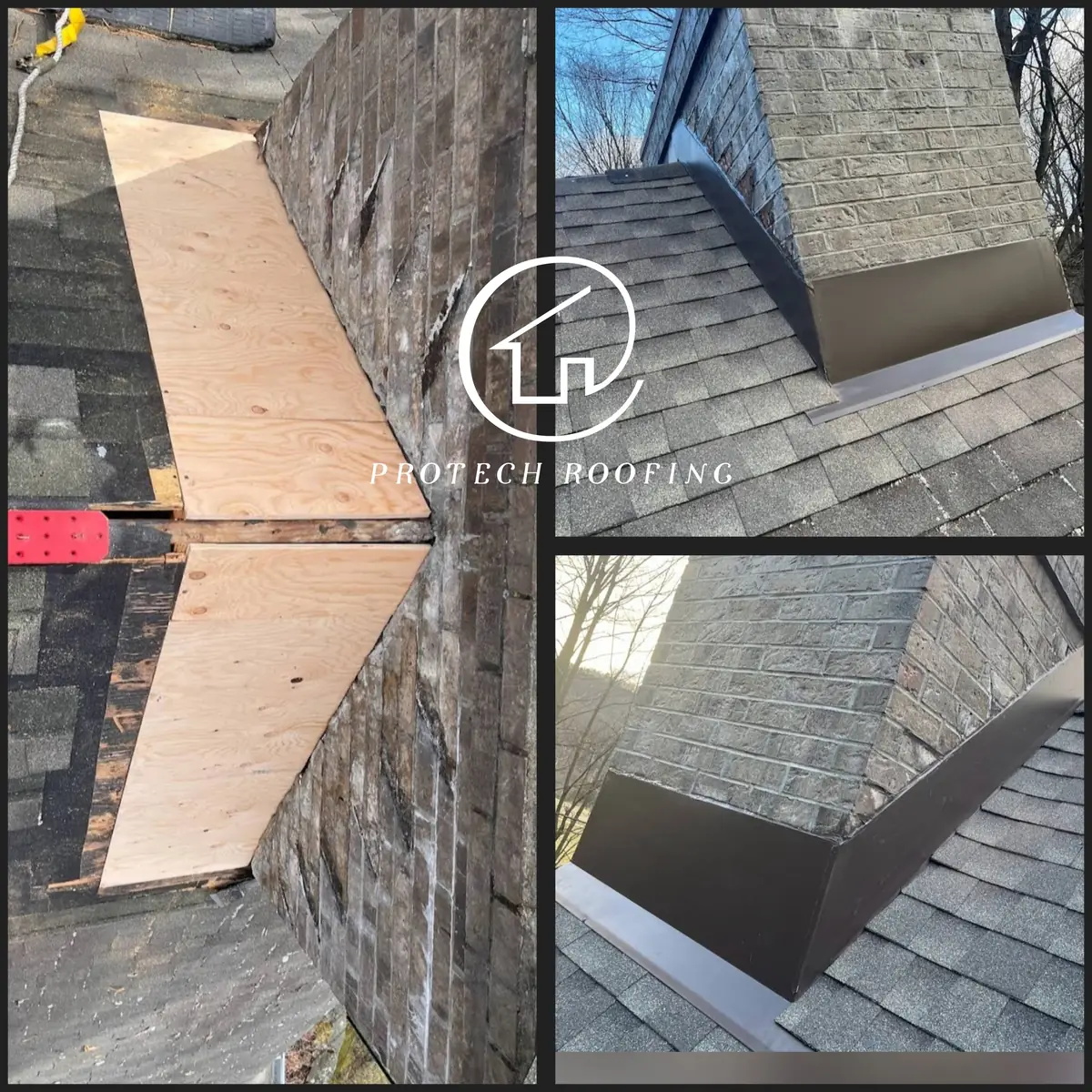 Three photos of a chimney flashing job: new plywood decking beside the chimney, and the finished dark bronze flashing around the chimney base from two angles