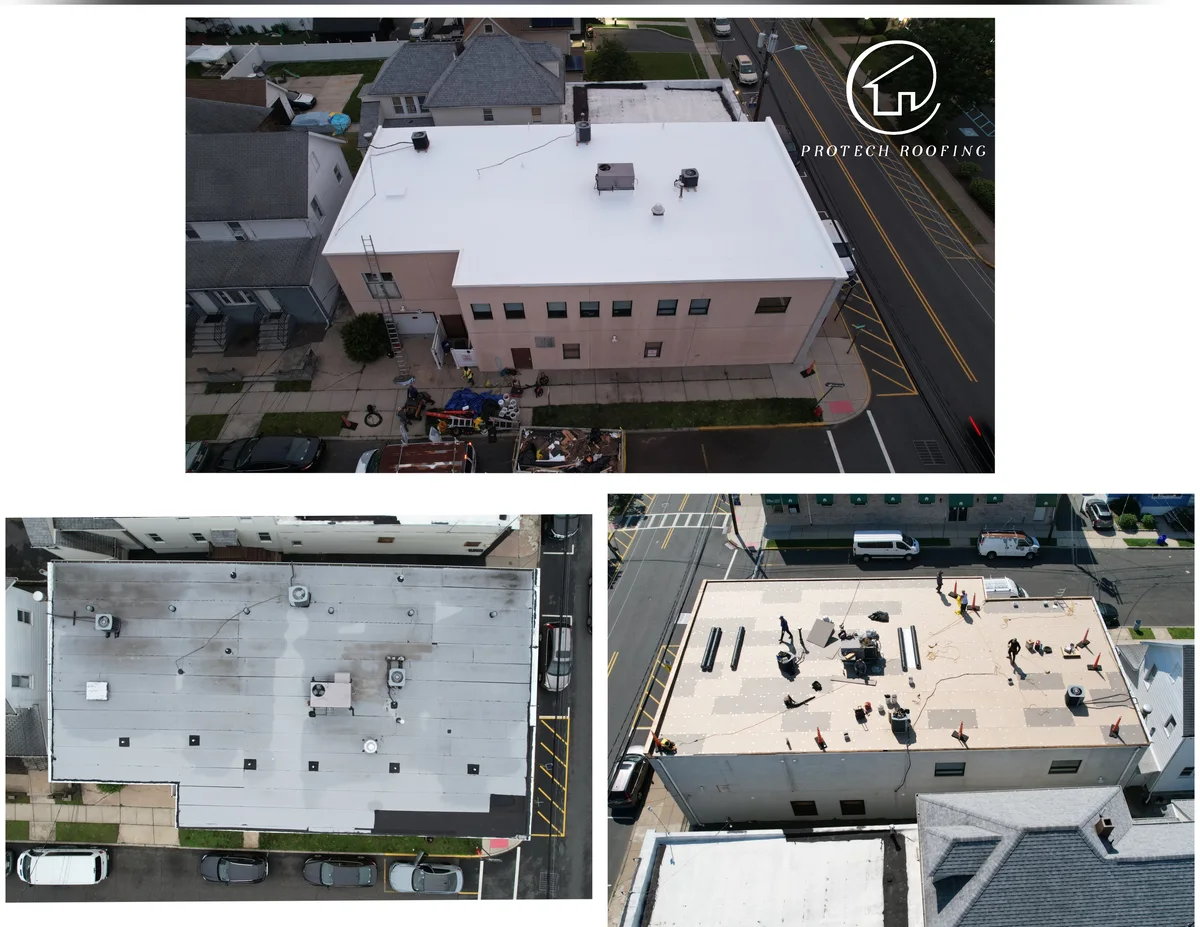Three drone photos of a commercial flat roof replacement: the finished white TPO roof with rooftop units flashed in, the old gray roof stained where water ponded, and the crew fastening new cover board over the deck