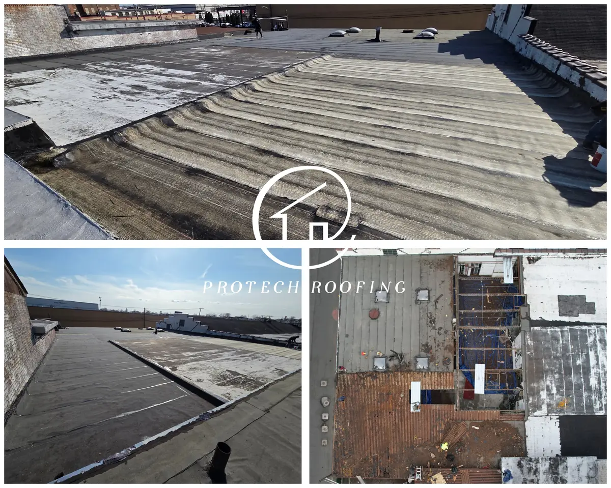 Three photos of a commercial flat roof: the worn old roof surface from two angles, and a drone view of the tear-off exposing rusted steel decking and open framing