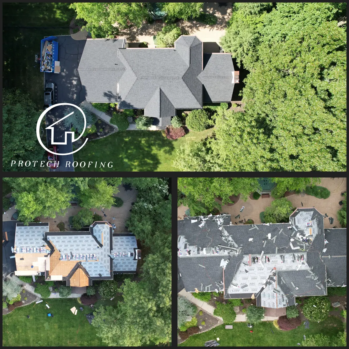 Three aerial photos of a large home: the roof stripped to the deck with underlayment going down, new shingles being installed, and the finished dark gray roof