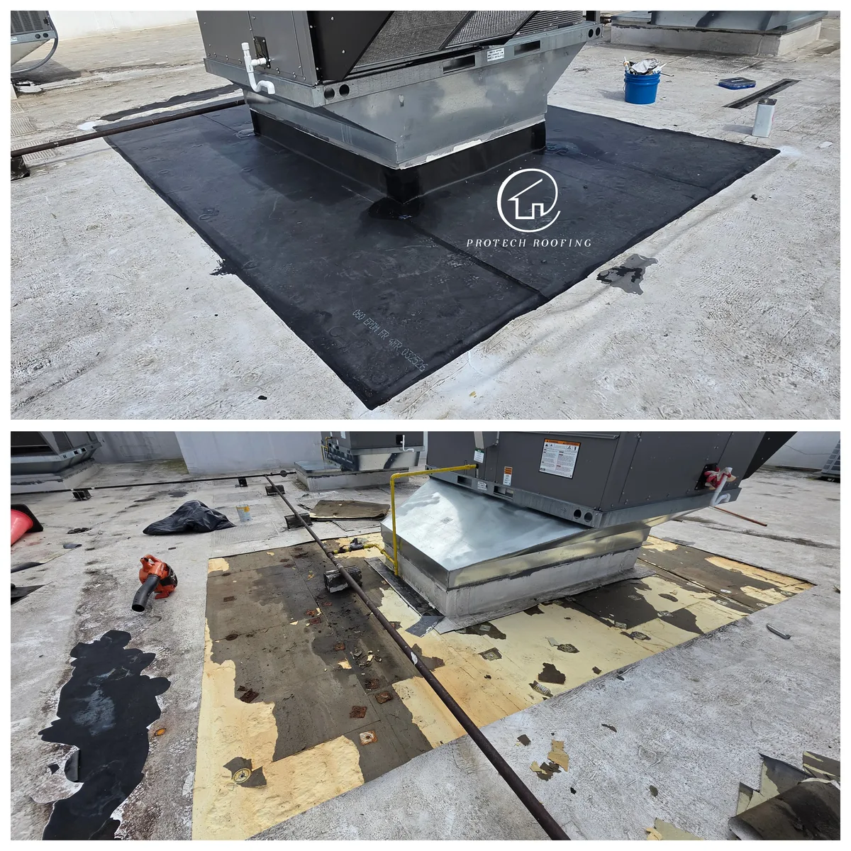 Two photos of an EPDM repair around a rooftop unit on a commercial roof: new black EPDM flashed up the unit curb, and the same spot before with the old membrane cut away exposing wet board and rusted fasteners