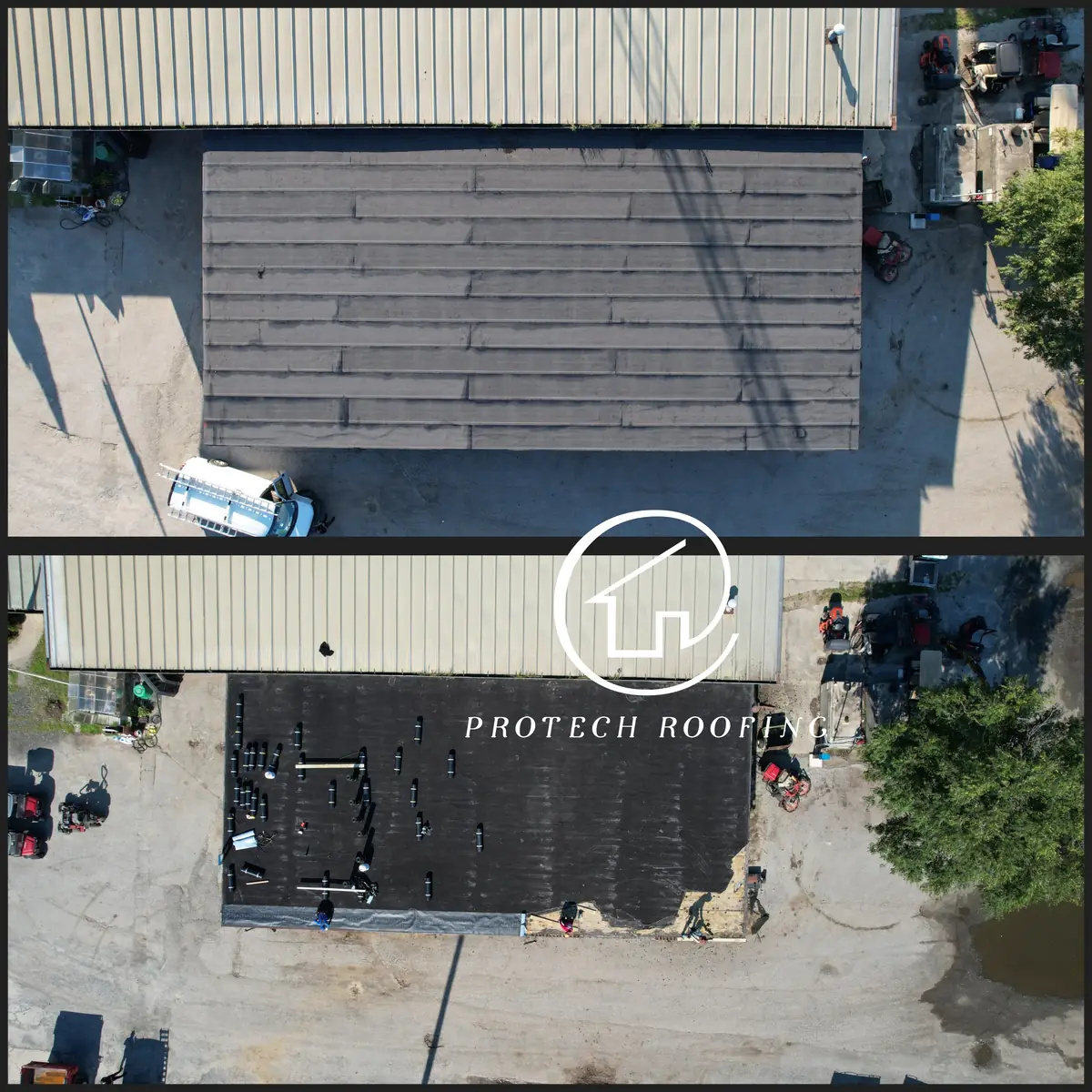 Two top-down drone photos of a flat roof beside a metal building: the worn old roof, and new modified bitumen membrane going down in rolls