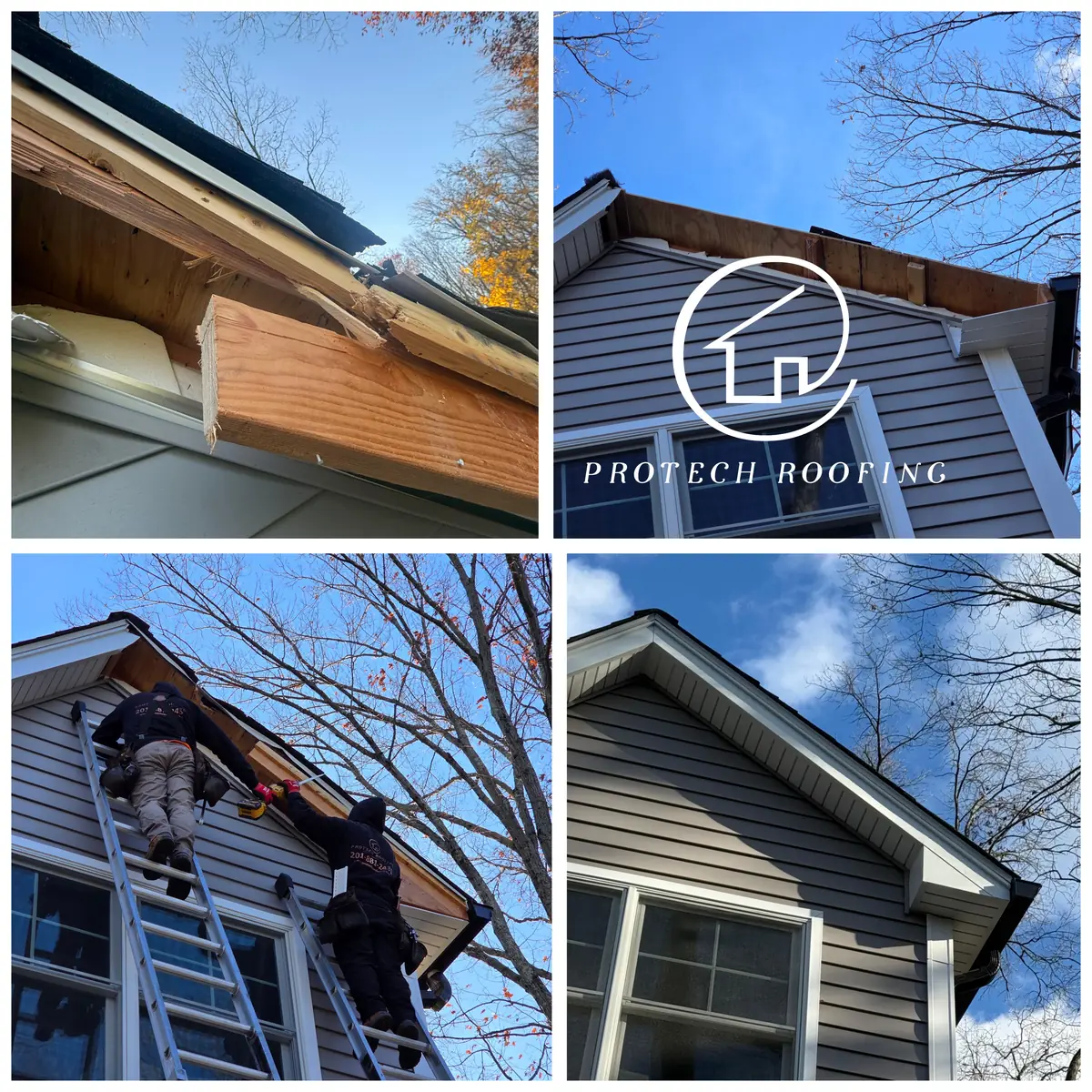 Four photos of a gable end repair: a broken rake board, the damaged section opened up, two ProTech crew members rebuilding it from ladders, and the finished white trim
