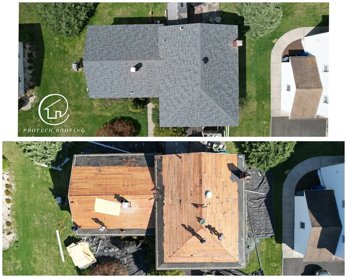 Two aerial photos of one home: the roof stripped to the original plank decking with the crew at work, and the finished gray shingle roof