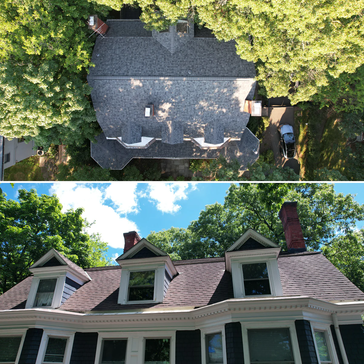 Livingston roof replacement: the finished Owens Corning Estate Gray shingle roof seen from above (top) and the old brown shingle roof with three dormers and brick chimneys (bottom)