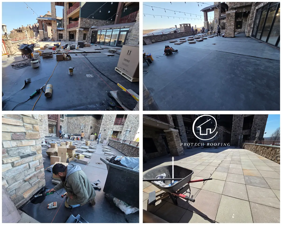 Four photos of a stone-clad terrace project: black EPDM waterproofing membrane installed, a roofer finishing a detail at the wall, pavers being set, and the finished paver deck