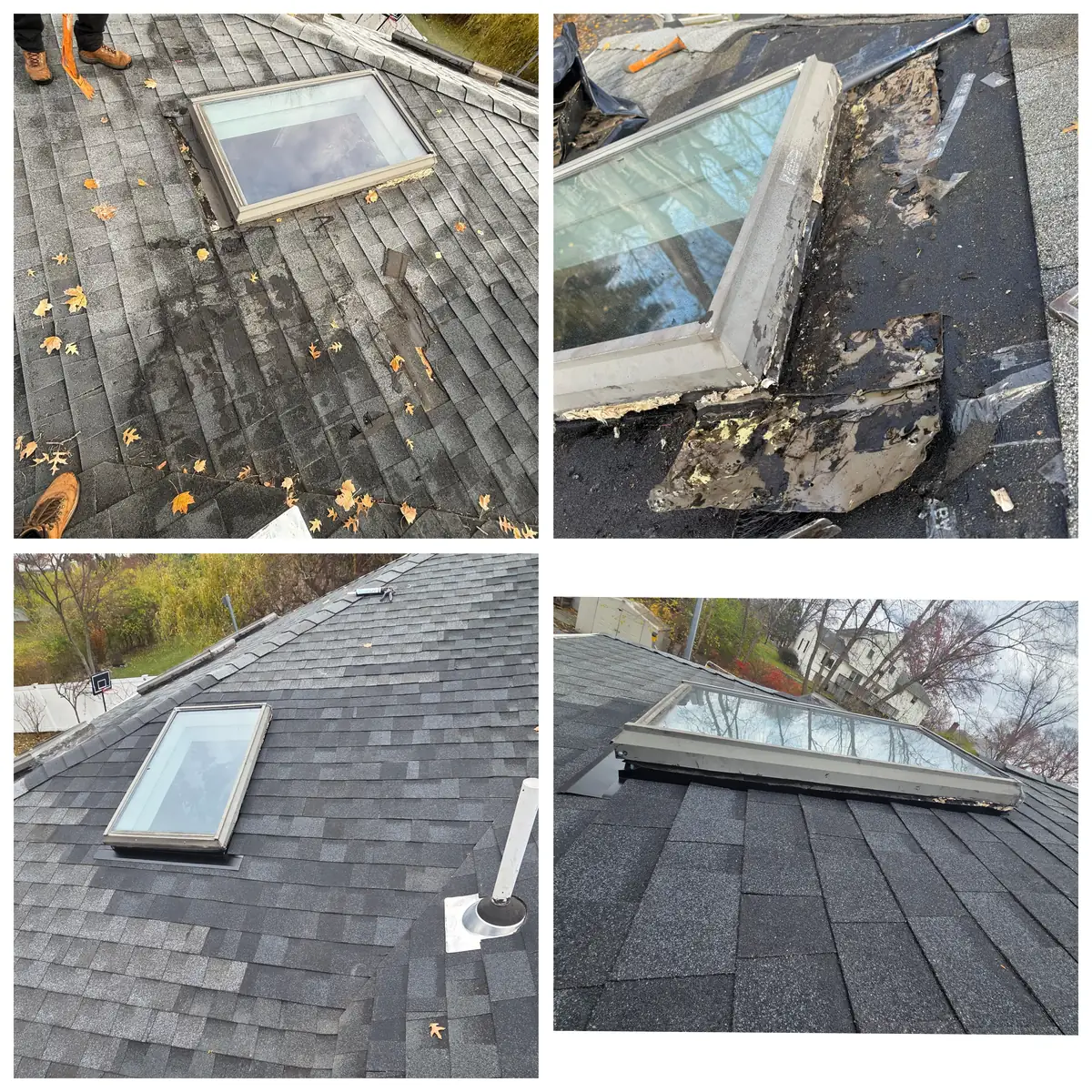 Four photos of one skylight: on a worn, stained shingle roof, with its old flashing patched in roof cement exposed during tear-off, and after a new shingle roof with new metal flashing