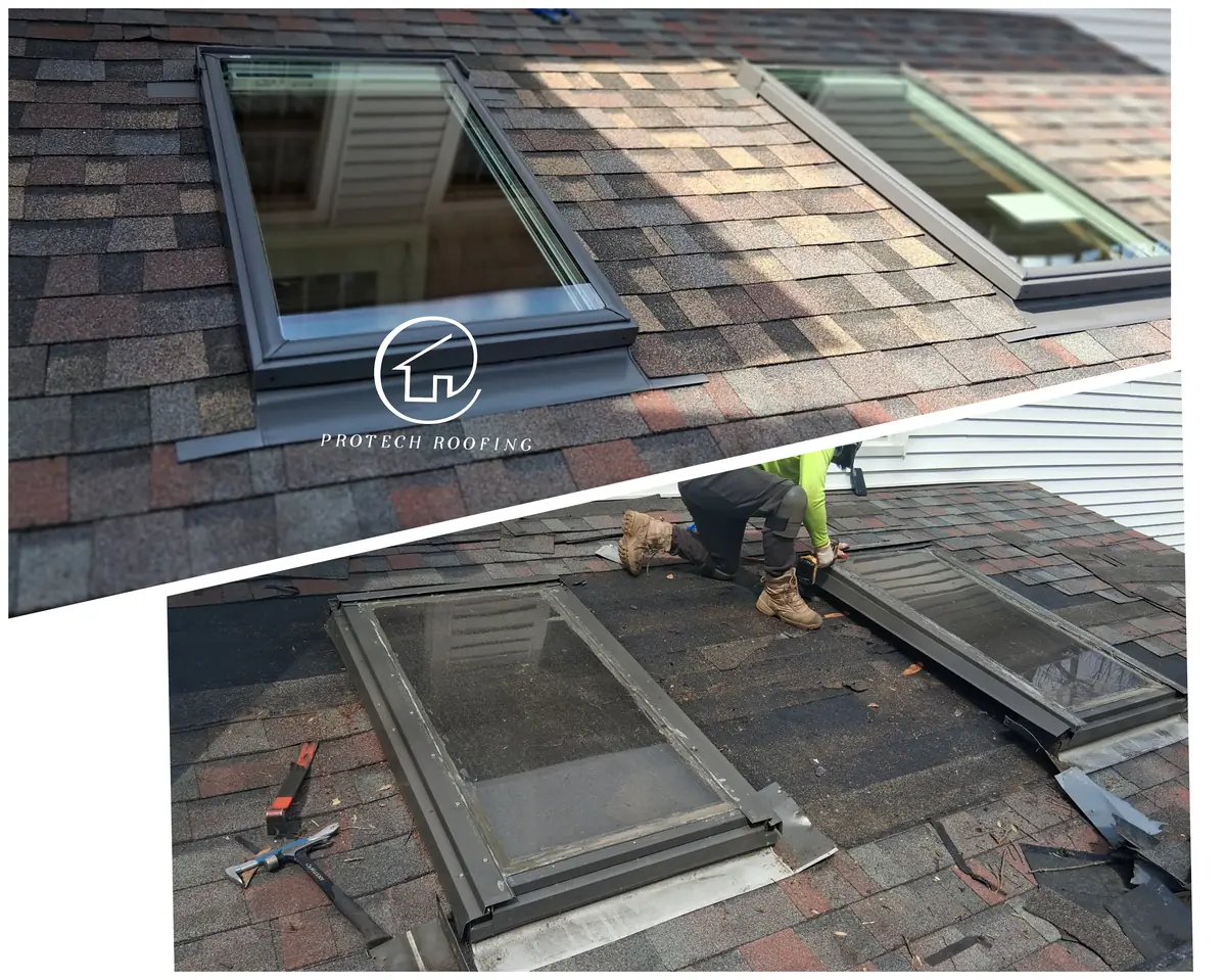 Two photos of a skylight replacement: a roofer removing two old skylights, and the two new skylights installed with new flashing