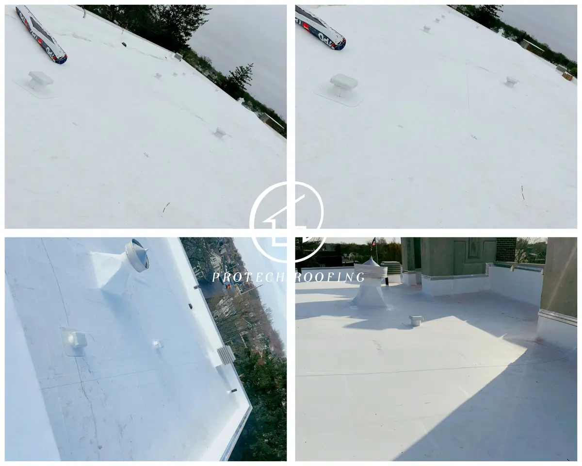 Four photos of a finished TPO roof showing flashed vents, a curb-mounted ventilator and wrapped parapet walls