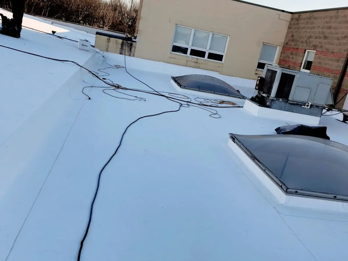 TPO roof with two dome skylights, a rooftop HVAC unit and a TPO-wrapped parapet on a brick and block building